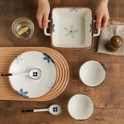 樱之歌 陶瓷餐具套装6件套碗盘勺子家用2人食吃饭组合墨蓝系列
