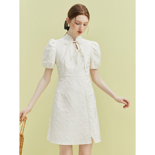 范思蓝恩 23FS12544白色提花连衣裙女夏季新款新中式国风裙子 米白色 M