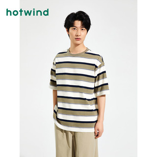 hotwind 热风 2023年夏季新款男士圆领短袖t恤条纹上衣男日常休闲短袖男装