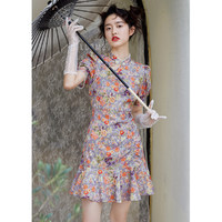 夏季女装优雅中国风泡泡袖珍珠立领抽褶印花裙 S 紫花603