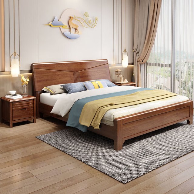 ESF 宜眠坊 床主卧1.8*2米实木床中式胡桃木床双人床 NJ-A06 配套床头柜*1