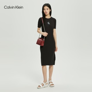 Calvin Klein Jeans夏季女士时尚系绳领字母开衩中长款短袖连衣裙J219675 BEH-黑色 S