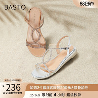 BASTO 百思图 2023夏季商场新款时尚复古钻带露趾平底女罗马凉鞋RWZ27BL3