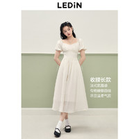 LEDIN 乐町 飘逸仙女裙女2023年夏季新款法式方领连衣裙米白色泡泡袖长裙