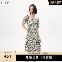 LILY 2023夏新款女装法式复古方领泡泡袖通勤风连衣裙