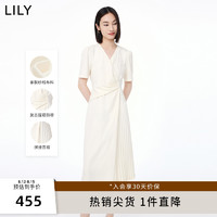 LILY 2023秋新款女装温柔气质通勤高腰小白裙设计感垂坠V领连衣裙