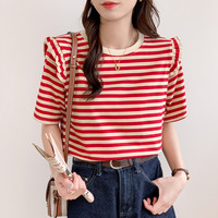 2023新款撞色设计感条纹甜美少女感拼接荷叶边短袖女夏上衣 XL 红色