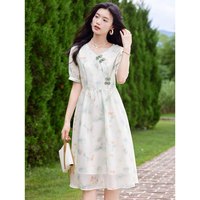 时尚气质新中式短袖连衣裙2023年夏新款淑女温柔V领显瘦中长款裙