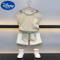 迪士尼（Disney）男童背心套装2023新款华夫格上衣无袖短裤宝宝夏季儿童薄款夏装潮 豆绿色 90cm