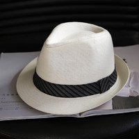 KT 春夏手工编织男士草帽休闲英伦大头爵士帽夏天白色绅士遮阳帽 白色 常规M（56-58cm）可调节