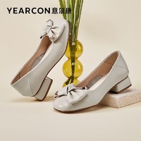 YEARCON 意尔康 女鞋2023年新款浅口单鞋女真皮粗跟高跟鞋蝴蝶结低跟小皮鞋