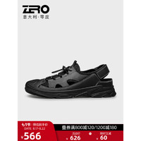 ZERO 零度男士包头凉鞋2023新款时尚百搭真皮织物拼接柔软透气沙滩鞋子男潮 黑色 40