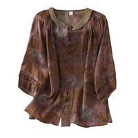 LISCN 棉麻文艺范原创女装夏季复古亚麻小衫纯苎麻品牌上衣高端女士衬衫 蓝色 L