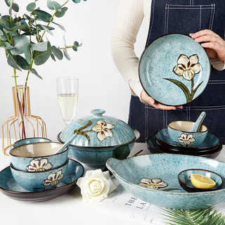 玉泉 韩式手绘系列28头陶瓷餐具碗碟饭碗套装家用送礼浅湖蓝