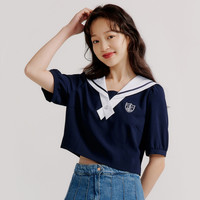 E·LAND 衣恋 春夏季海军风清新蝴蝶结衬衫上衣短款活力翻领撞色女式衬衫