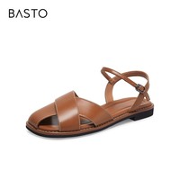 BASTO 百思图 2023夏新款休闲舒适低跟圆头一字带女包头罗马凉鞋MB323BL3