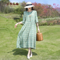 子牧棉麻夏装 女文艺碎花女中长款宽松收腰显瘦气质连衣裙6611 3174浅绿色 L(建议90-110斤)