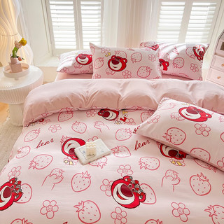 迪士尼（Disney）A类水洗棉麻四件套床单被套枕套卡通学生宿舍单双人床套件多件套 草莓熊 220*240cm