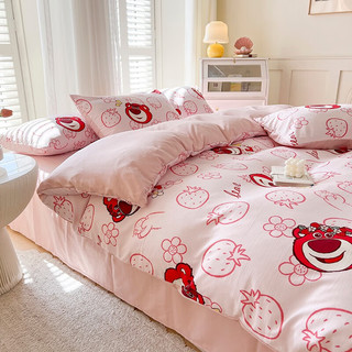 迪士尼（Disney）A类水洗棉麻四件套床单被套枕套卡通学生宿舍单双人床套件多件套 草莓熊 220*240cm