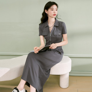西遇商场同款韩系休闲女式套装女2023新款翻领短上衣搭半身裙 S 灰色