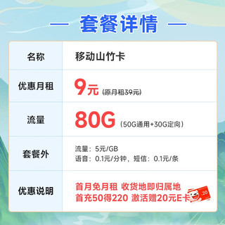 中国移动 龙运卡 首年9元月租（本地号码+80G全国流量+畅享5G）激活赠20元E卡