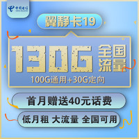 中国电信 上网卡电话卡校园卡全国通用天翼支付星卡长期静卡5G免充手机卡流量卡不限速畅享 电信翼静卡19 包130G全国超大流量 不限速