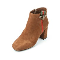 红蜻蜓 冬季新款女靴粗高复古跟侧拉链羊绒面革时尚欧短靴C83211
