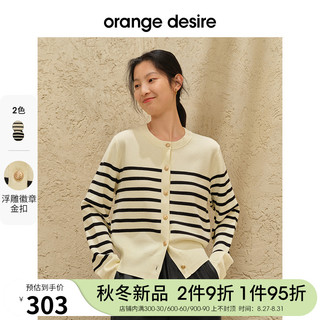 Orange Desire 简约撞色条纹针织开衫女2023秋季新款复古金扣毛衣