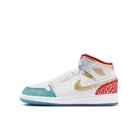 AIR JORDAN 正代系列 Air Jordan 1 Mid Ss (GS) 大童篮球鞋 FB2212-100 白色/金属色/大学红/闪电蓝/狼灰 38.5