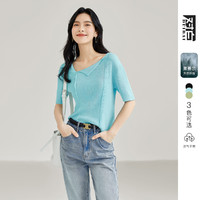 不对称翻折领口分割线设计女式短袖针织衫 XL 冰水蓝(收藏品牌，及时获取活动提示)