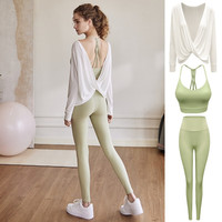 暴走的小鹿 高级感瑜伽服套装女2023长袖罩衫上衣专业高端春夏秋服 白罩衫+绿文胸+绿长裤 L