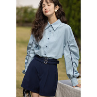 谜秀 设计感小众衬衣女装2023春季韩版宽松长袖抽褶蓝色衬衫