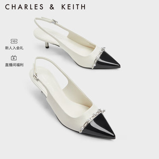 CHARLES&KEITH23秋季时尚链条饰漆皮尖头穆勒鞋高跟鞋凉鞋女CK1-61720161 White白色 34