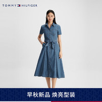 TOMMY HILFIGER23早秋女简约系带柔软轻薄合身牛仔衬衫裙连衣裙39577 牛仔蓝1A8 32