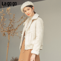 La·go·go 拉谷谷 Lagogo冬季新款方领加绒驼色毛领长袖设计感拼接短外套女皮毛一体