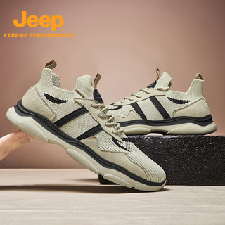 Jeep（吉普）男鞋夏季户外休闲运动旅游鞋轻便耐磨网面透气登山鞋 沙色 38