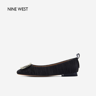 NINE WEST/玖熙经典平底单鞋方扣百褶层次女鞋 NH353046EK 黑色36