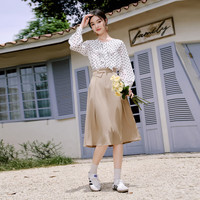 秋水伊人A字高腰设计感半身裙2023年秋季女装中长款显瘦伞裙 驼色 XL