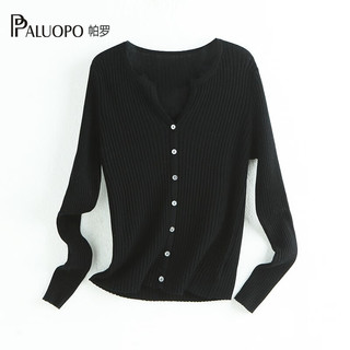 帕罗（PALUOPO）毛衣坑条纹女士针织衫开衫半开领100%绵羊毛外搭保暖上衣 黑色 95/S