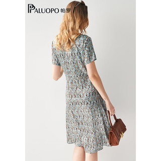 帕罗（PALUOPO）小个子显瘦真丝连衣裙欧美风V领修身短袖中长裙 蓝底花 L(165/88A)