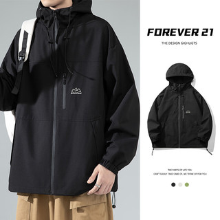 FOREVER 21夹克男秋季连帽休闲简约印花百搭户外上衣外套男装 黑色 S码 