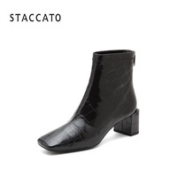 STACCATO 思加图 冬季新款简约石头纹短靴粗跟后拉链靴子女皮靴9UP37DD1