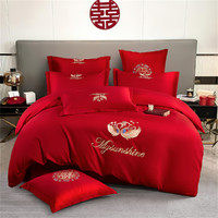 黛恒 新中式亲肤刺绣绣花婚庆四件套大红结婚六件套被套床单床上用品