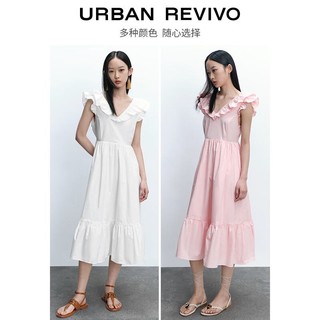 URBAN REVIVO UR2023夏季新款女装复古风度假风荷叶边V领宝藏连衣裙UWL732051 本白 M