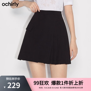 ochirly 欧时力 新款春装高腰排褶a字短裙jk半身裙女 黑色090 S