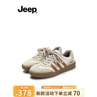 Jeep 吉普 复古德训鞋女板鞋2023新款小众设计感板鞋百搭透气运动休闲鞋 白灰色 37