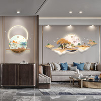 客厅装饰画新中式圆形挂画沙发背景墙浮雕氛围发光餐厅立体山水画