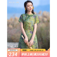 烟花燙 清新印花旗袍裙女2023夏季新款新中式复古风连衣裙WHY 书枫 绿色 M