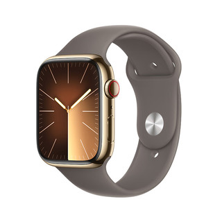 Apple 苹果 Watch Series 9 智能手表 GPS+蜂窝网络款 45mm 金色不锈钢表壳 陶土色橡胶表带 S/M