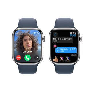 Apple 苹果 Watch Series 9 智能手表 GPS+蜂窝网络款 45mm 银色不锈钢表壳 风暴蓝色橡胶表带 M/L